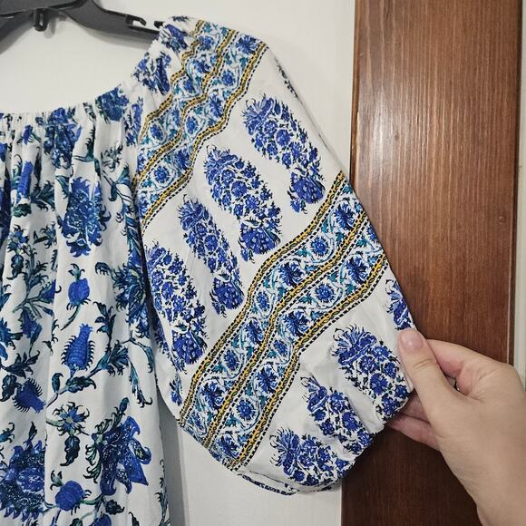 Nicole Miller Artelier Blue Floral Peasant Mini Dress Ruffle Puff Sleeves Small - Picture 4 of 6